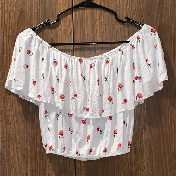 Forever 21 Tops - Forever 21 White Off Shoulder Pink Floral Crop Top